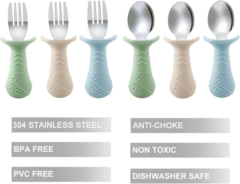 PandaEar Baby Toddler Fork and Spoon Utensil Set, 6 Pack Silicone Stainless Steel Silverware Spoon Fork for Babies Toddler, BPA Free with Silicone Holding Anti-Choke Design (Green Blue Brown) - Image 3